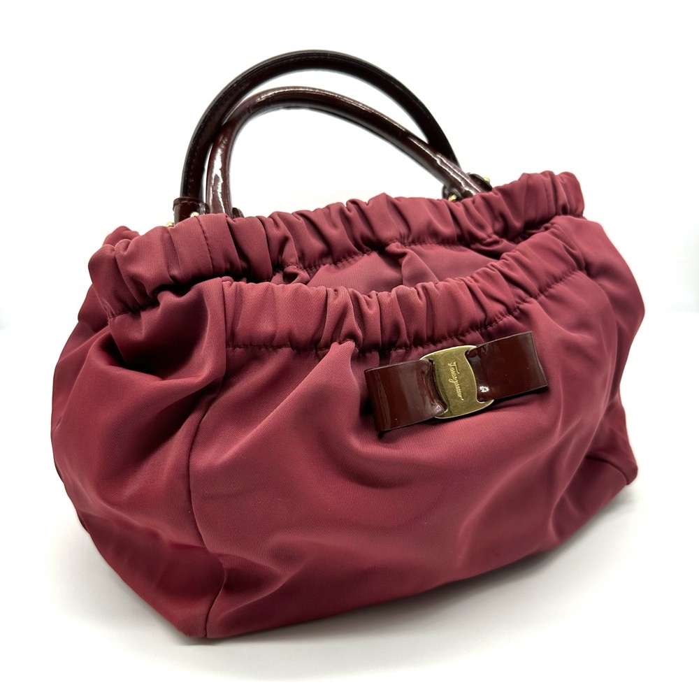 Salvatore Ferragamo Vara Bow Red hurgundy Leather and nylon top handle tote bag